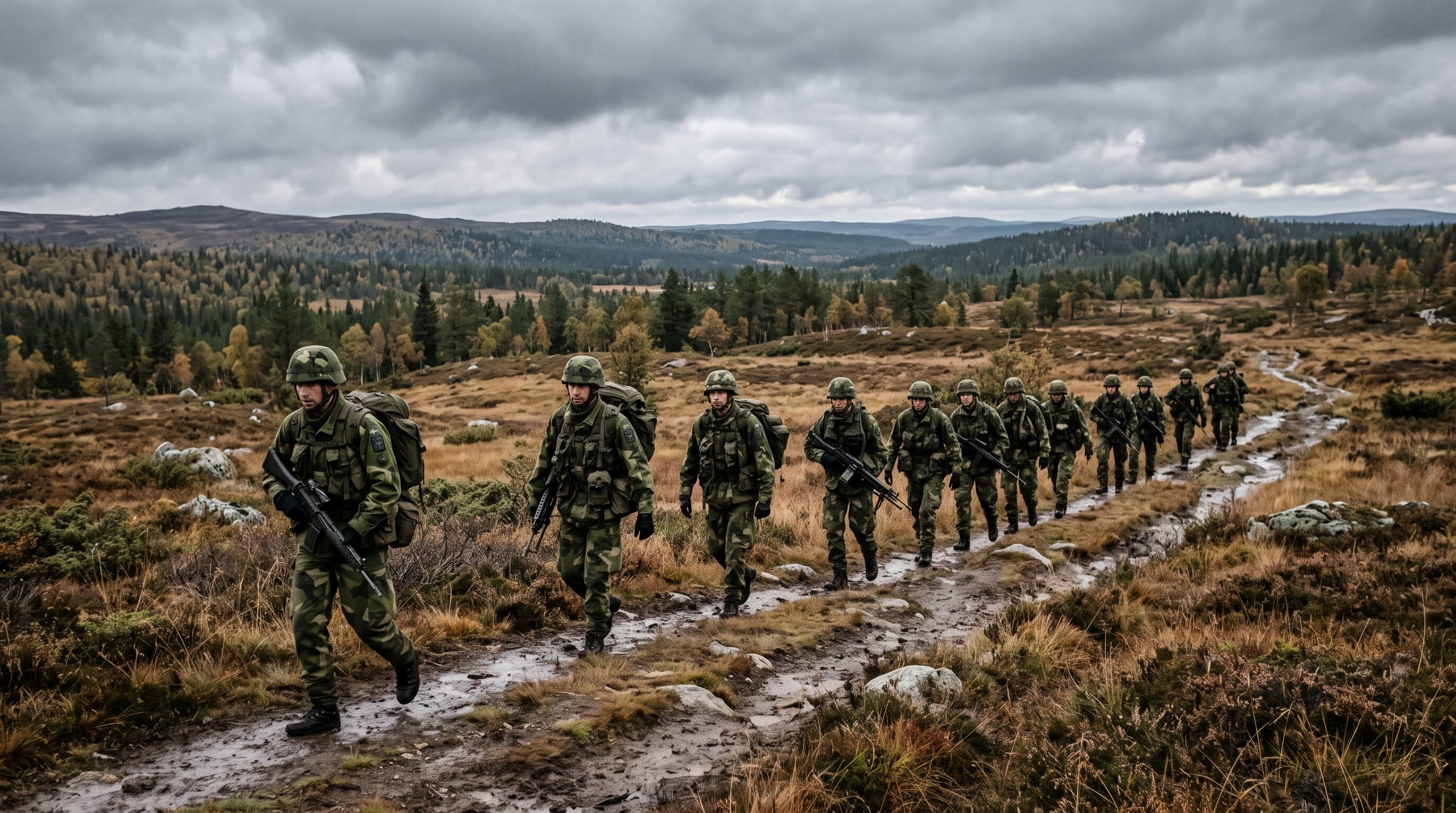 A column of soldiers in Swedish camouflage marching single file along a wet trail across open moorland under a grey sky
