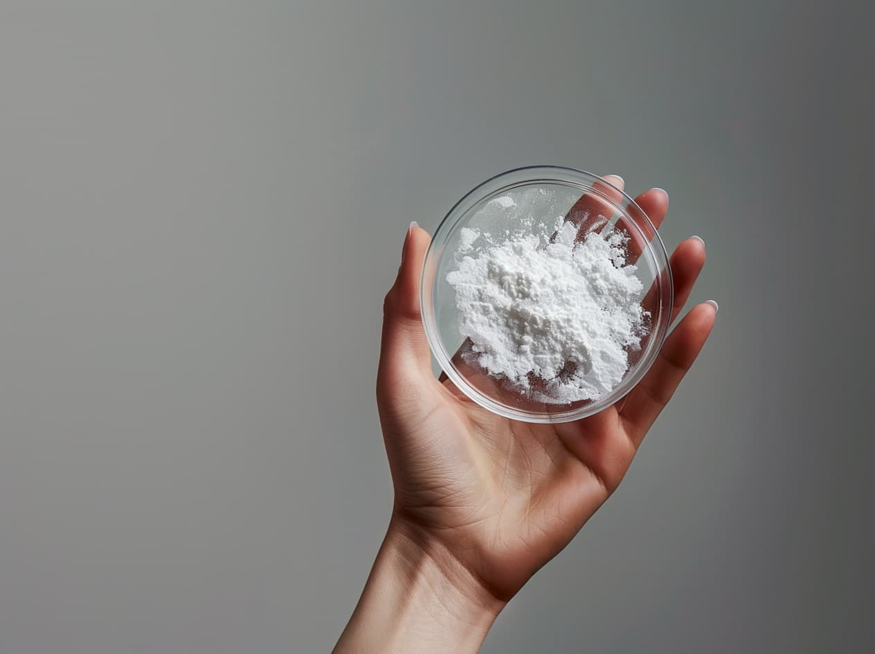 A hand holding up a glass petri dish of white Upsalite® powder against a grey background