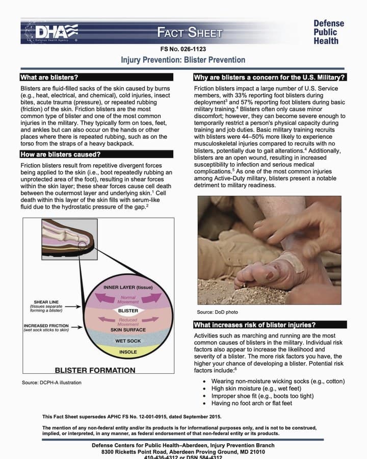 First page of the U.S. Defense Health Agency fact sheet Injury Prevention: Blister Prevention