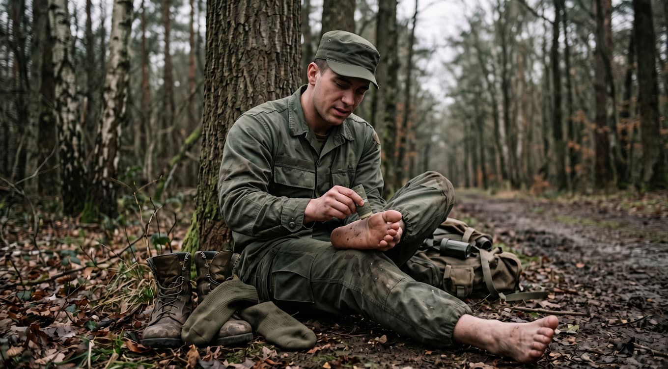A soldier sitting barefoot against a tree in a forest, applying an olive anti-chafe stick to the sole of his foot, his boots and socks beside him